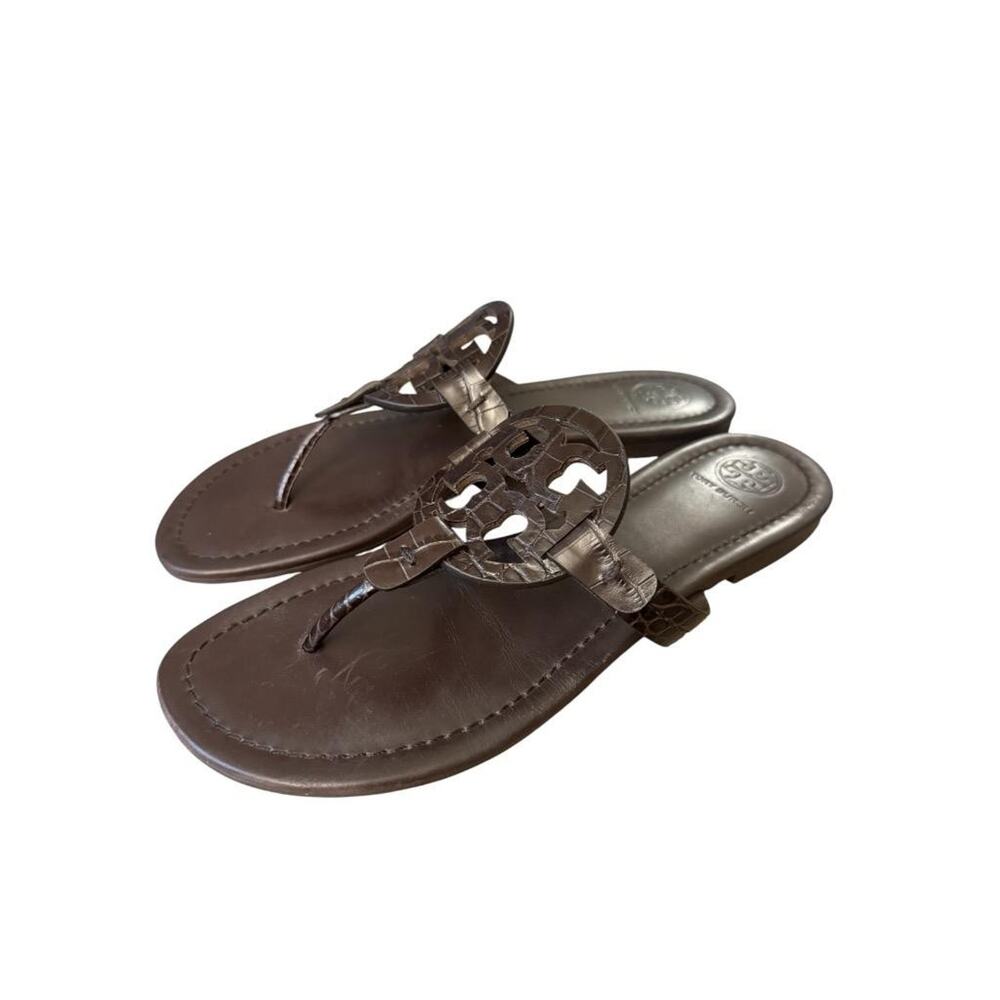 Tory Burch Metallic Bronze Croc-Embossed Miller Thong Sandals - Picture 2 of 6